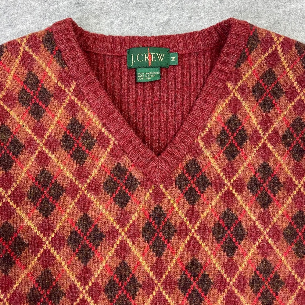 Vintage J.Crew Mens M Oarsman Red Argyle Lambswool V-Neck Sweater Vest Preppy
